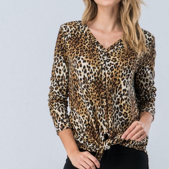 leopard print button down with front knot top - Picture 5 of 7